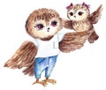 ÃÂ¡ool cartoon owl. Owl bird. Watercolor picture.